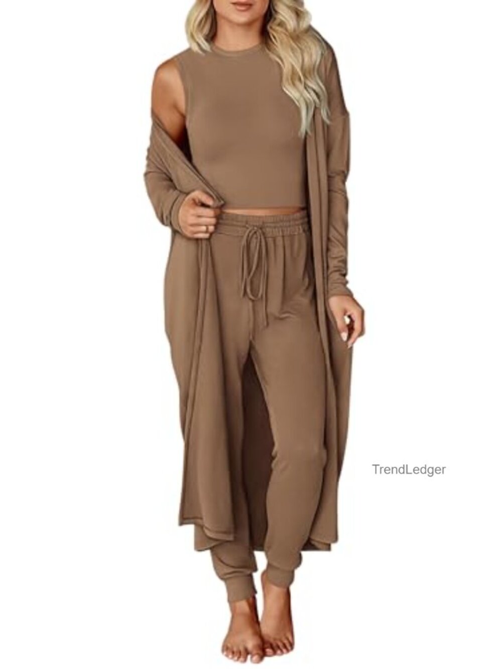 3 Piece Lounge Set Crop Tank Jogger Pants Cardigan Travel Outfit
